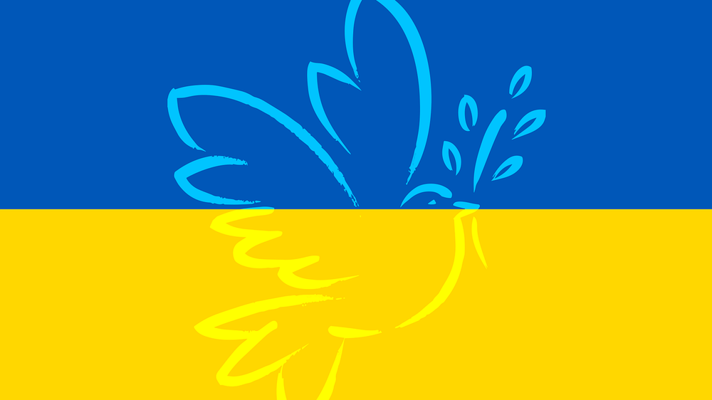Eine ukrainische Flagge mit Friedenstaube