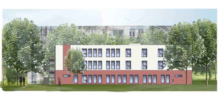 Eine grafische Animation zeigt ein rot-weißes Gebäude mit vielen Fenstern.